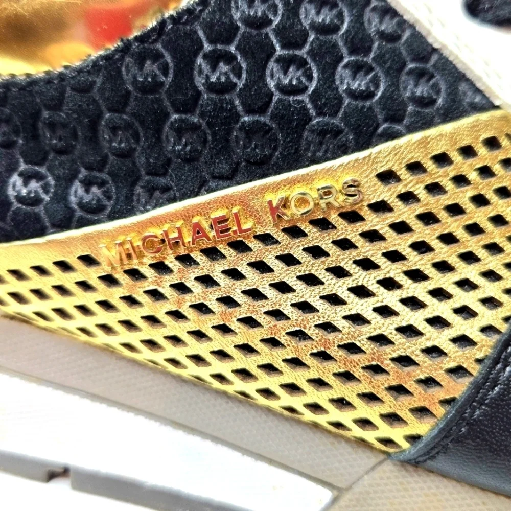 Michael Kors leather sneakers.  Black/metallic gold/white. Blinged out 7…